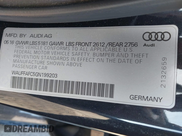 2016 Audi A6 2.0T Premium with VIN WAUFFAFC5GN199203, listed as a IAAI auction lot 41150658 with 181,176 mi miles. Bid and sale history available at carsss.com. Image 9.