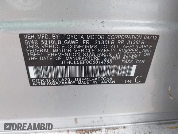 2012 Lexus LS 460 with VIN JTHCL5EF0C5014758, listed as a IAAI auction lot 41627475 with 154,717 mi miles and . Bid and sale history available at DreamBid. Image 9.