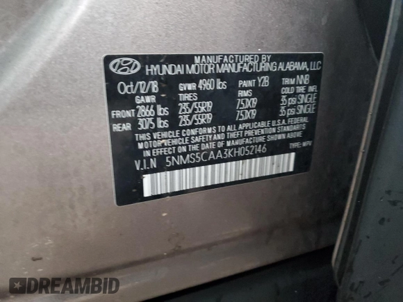 2019 Hyundai Santa Fe Ultimate with VIN 5NMS5CAA3KH052146, listed as a Copart auction lot 86600694 with 67,801 mi miles and Salvage Title. Bid and sale history available at carsss.com. Image 12.