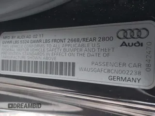 2012 Audi A7 Premium Plus with VIN WAUSGAFC8CN002238, listed as a IAAI auction lot 40278325 with 97,544 mi miles and . Bid and sale history available at DreamBid. Image 9.