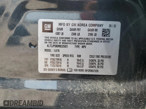 2021 Chevrolet Trax LT with VIN KL7CJPSB0MB325921, listed as a Copart auction lot 56986325 with 78,937 mi miles and Salvage title. Bid and sale history available at DreamBid. Image 13.