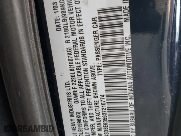 2003 Subaru Legacy L with VIN 4S3BE635937210774, listed as a Copart auction lot 84032224 with 154,156 mi miles and Clean title. Bid and sale history available at DreamBid. Image 14.