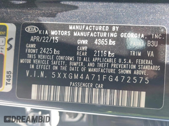 2015 Kia Optima LX with VIN 5XXGM4A71FG472575, listed as a IAAI auction lot 42581639 with 189,348 mi miles and . Bid and sale history available at DreamBid. Image 9.