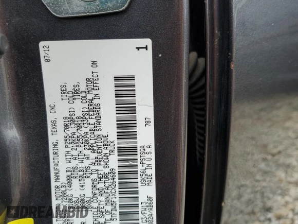2012 Toyota Tundra with VIN 5TFDW5F1XCX264609, listed as a Copart auction lot 55804585 with 224,662 mi miles and Salvage title. Bid and sale history available at DreamBid. Image 12.