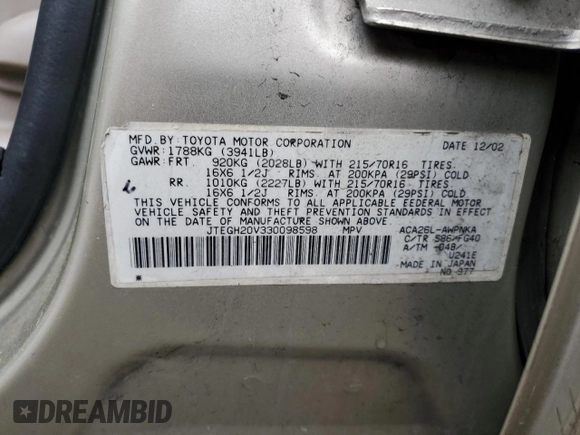 2003 Toyota RAV4 with VIN JTEGH20V330098598, listed as a Copart auction lot 49175015 with 203,886 mi miles and Clean Title. Bid and sale history available at DreamBid. Image 13.
