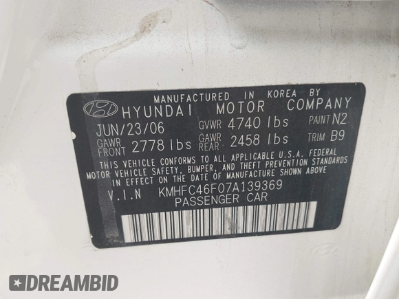 2007 Hyundai Azera SE with VIN KMHFC46F07A139369, listed as a IAAI auction lot 41999327 with 145,827 mi miles and . Bid and sale history available at DreamBid. Image 9.