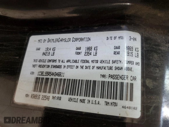 2004 Chrysler Sebring LXi with VIN 1C3EL55R54N346611, listed as a Copart auction lot 50862655 with 123,414 mi miles and Non repairable. Bid and sale history available at DreamBid. Image 12.