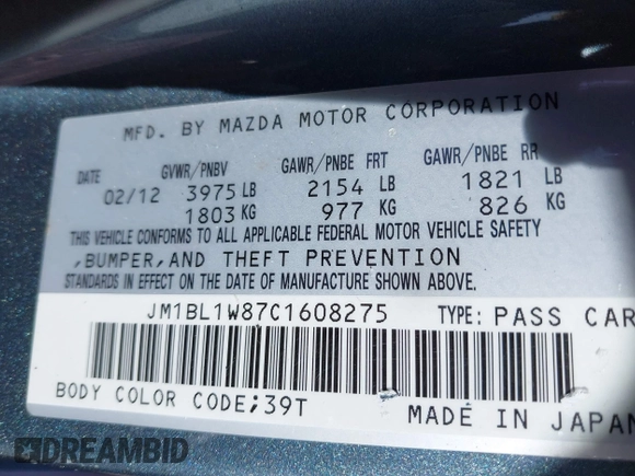 2012 Mazda 3 i Grand Touring with VIN JM1BL1W87C1608275, listed as a IAAI auction lot 41598227 with 85,816 mi miles and . Bid and sale history available at DreamBid. Image 9.