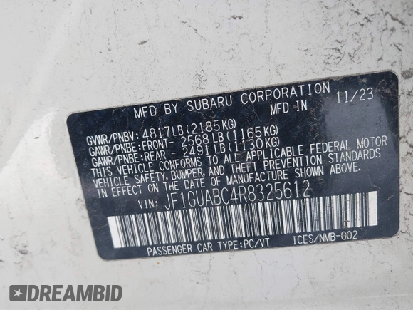 2024 Subaru Impreza with VIN JF1GUABC4R8325612, listed as a IAAI auction lot 41514950 with 17,826 mi miles and . Bid and sale history available at DreamBid. Image 9.