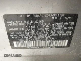 2020 Subaru Forester with VIN JF2SKADC3LH452240, listed as a IAAI auction lot 41795669 with 46,443 mi miles. Bid and sale history available at carsss.com. Image 9.