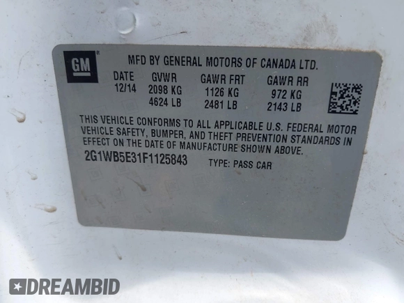 2015 Chevrolet Impala LT с VIN 2G1WB5E31F1125843, выставлен на аукционе IAAI как лот 42102455 с пробегом 140 407 миль миль и . История ставок и продаж доступна на DreamBid. Изображение 9.