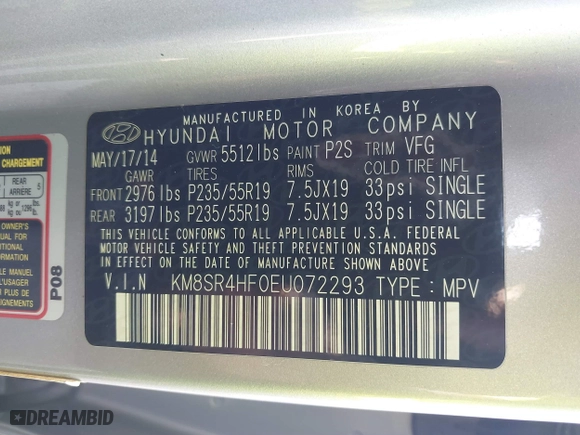 2014 Hyundai Santa Fe Limited with VIN KM8SR4HF0EU072293, listed as a IAAI auction lot 41565281 with 129,727 mi miles. Bid and sale history available at carsss.com. Image 9.