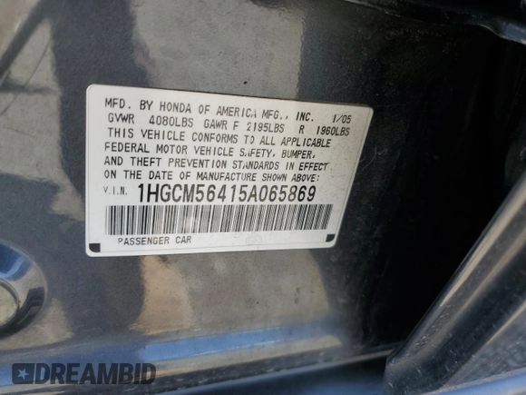 2005 Honda Accord LX with VIN 1HGCM56415A065869, listed as a Copart auction lot 62501495 with Not provided miles and Salvage title. Bid and sale history available at DreamBid. Image 13.