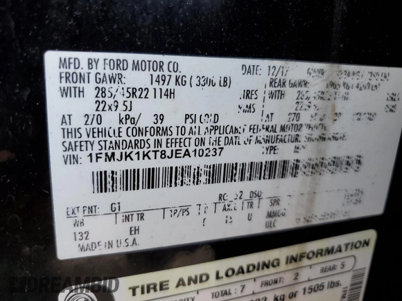 2018 Ford Expedition Max Limited z VIN 1FMJK1KT8JEA10237, wystawiony jako Copart lot #49291615 z przebiegiem 217 147 mil mil oraz Szkoda całkowita • Salvage title. Historia ofert i sprzedaży dostępna na DreamBid. Obrazek 14.