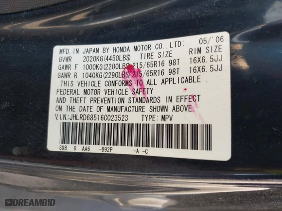 2006 Honda CR-V LX with VIN JHLRD68516C023523, listed as a IAAI auction lot 42053159 with 154,344 mi miles. Bid and sale history available at carsss.com. Image 9.