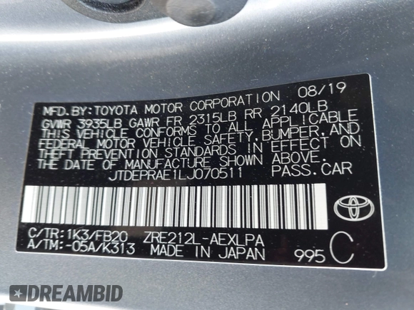 2020 Toyota Corolla LE with VIN JTDEPRAE1LJ070511, listed as a IAAI auction lot 42146468 with 60,884 mi miles and . Bid and sale history available at DreamBid. Image 9.