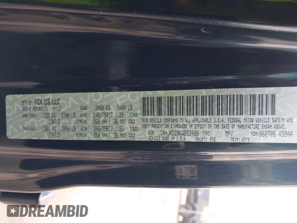 2019 Jeep Wrangler Unlimited Sport S with VIN 1C4HJXDG9KW653488, listed as a IAAI auction lot 42275297 with Not provided miles and . Bid and sale history available at DreamBid. Image 9.