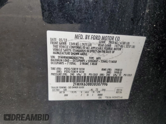 2013 Ford Flex Limited with VIN 2FMHK6D88DBD07996, listed as a Copart auction lot 51974725 with 134,375 mi miles and Salvage Title. Bid and sale history available at carsss.com. Image 13.