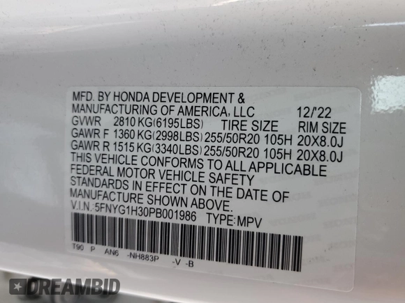 2023 Honda Pilot Sport with VIN 5FNYG1H30PB001986, listed as a Copart auction lot 41820225 with 0 mi miles and Salvage Title. Bid and sale history available at carsss.com. Image 12.