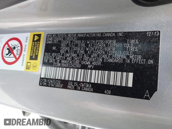 2014 Lexus RX 350 with VIN 2T2BK1BA0EC242360, listed as a IAAI auction lot 41901101 with 138,705 mi miles and . Bid and sale history available at DreamBid. Image 9.
