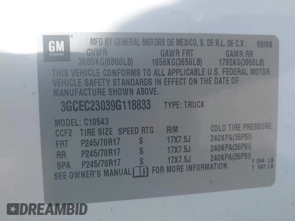 2009 Chevrolet Silverado 1500 LT with VIN 3GCEC23039G118833, listed as a IAAI auction lot 42018681 with 212,044 mi miles. Bid and sale history available at carsss.com. Image 9.