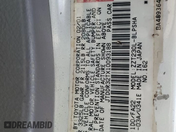 2001 Toyota Celica GT z VIN JTDDR32TX10093188, wystawiony jako Copart lot #56589435 z przebiegiem 134 624 mil mil oraz Szkoda całkowita • Salvage title. Historia ofert i sprzedaży dostępna na DreamBid. Obrazek 13.