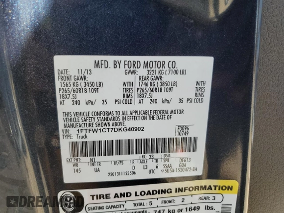 2013 Ford F-150 XL with VIN 1FTFW1CT7DKG40902, listed as a Copart auction lot 53817995 with 134,023 mi miles and Salvage Title. Bid and sale history available at carsss.com. Image 12.
