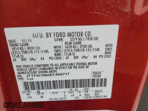2014 Ford F-150 SVT Raptor with VIN 1FTFW1R60EFA69717, listed as a Copart auction lot 67408424 with 184,866 mi miles and Salvage Title. Bid and sale history available at carsss.com. Image 12.
