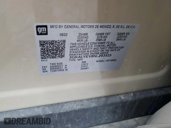 2022 GMC Terrain AT4 with VIN 3GKALYEV8NL293515, listed as a Copart auction lot 49963305 with 48,554 mi miles and Salvage Title. Bid and sale history available at DreamBid. Image 13.