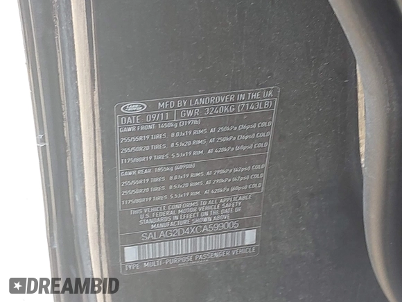 2012 Land Rover LR4 HSE with VIN SALAG2D4XCA599005, listed as a IAAI auction lot 42583078 with 131,175 mi miles and . Bid and sale history available at DreamBid. Image 9.