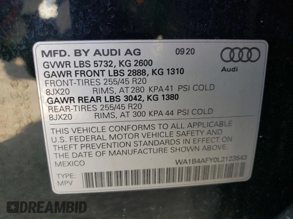 2020 Audi SQ5 Premium Plus with VIN WA1B4AFY0L2123543, listed as a Copart auction lot 71032274 with 44,446 mi miles and Salvage Title. Bid and sale history available at DreamBid. Image 13.