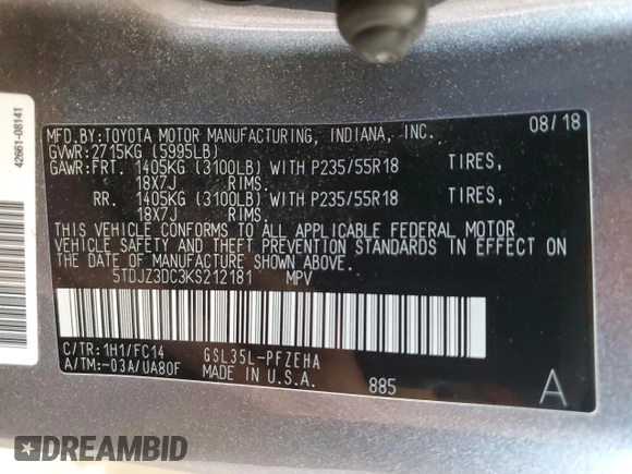 2019 Toyota Sienna LE with VIN 5TDJZ3DC3KS212181, listed as a Copart auction lot 42812395 with 110,974 mi miles and Salvage Title. Bid and sale history available at carsss.com. Image 14.