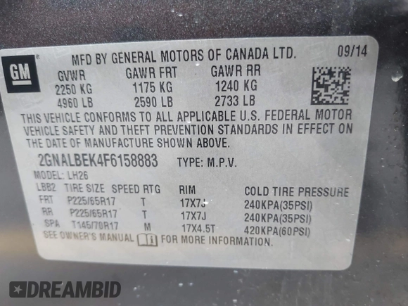 2015 Chevrolet Equinox LT with VIN 2GNALBEK4F6158883, listed as a IAAI auction lot 42201968 with 174,883 mi miles and . Bid and sale history available at DreamBid. Image 9.