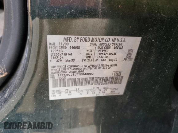 2001 Ford Super Duty F-250 XL with VIN 1FTNW21L11EB43083, listed as a Copart auction lot 70609164 with 231,581 mi miles and Salvage Title. Bid and sale history available at carsss.com. Image 13.