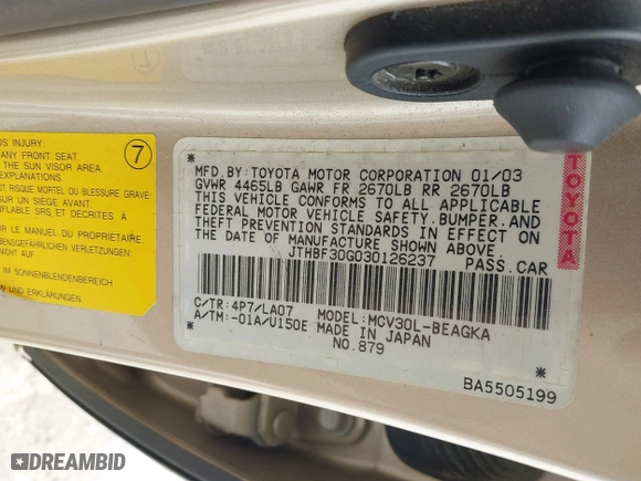 2003 Lexus ES 300 with VIN JTHBF30G030126237, listed as a IAAI auction lot 42061334 with 205,375 mi miles. Bid and sale history available at carsss.com. Image 9.