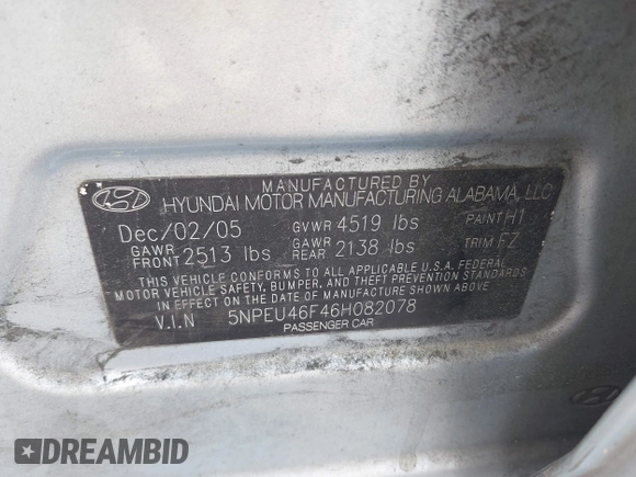 2006 Hyundai Sonata GLS with VIN 5NPEU46F46H082078, listed as a IAAI auction lot 42187697 with 191,632 mi miles and . Bid and sale history available at DreamBid. Image 9.