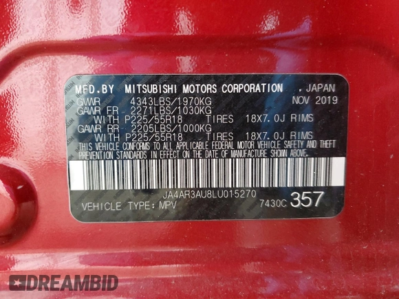 2020 Mitsubishi Outlander ES with VIN JA4AR3AU8LU015270, listed as a Copart auction lot 53287225 with 82,593 mi miles and Salvage title. Bid and sale history available at DreamBid. Image 16.