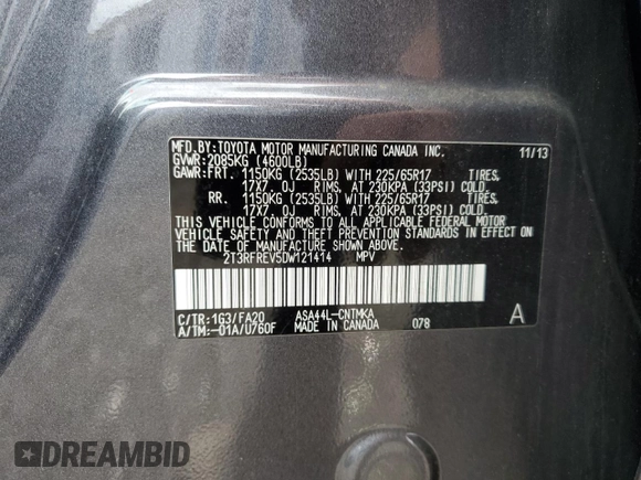 2013 Toyota RAV4 XLE with VIN 2T3RFREV5DW121414, listed as a Copart auction lot 56934695 with 107,922 mi miles and Salvage title. Bid and sale history available at DreamBid. Image 13.