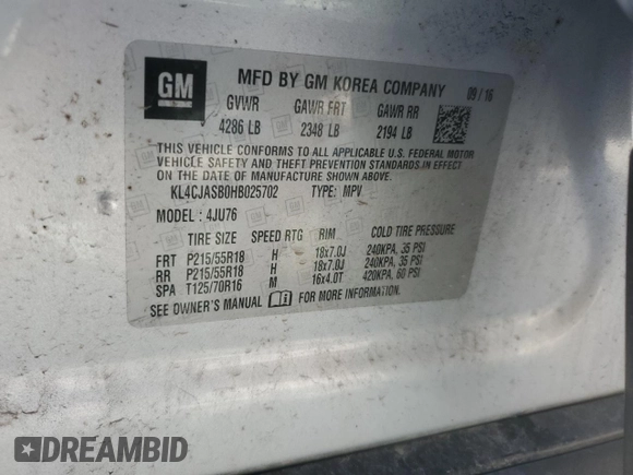 2017 Buick Encore Preferred with VIN KL4CJASB0HB025702, listed as a Copart auction lot 55781705 with 115,692 mi miles and Salvage title. Bid and sale history available at DreamBid. Image 12.