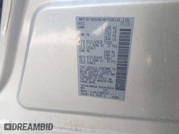 2013 Nissan Pathfinder SV with VIN 5N1AR2MM3DC684884, listed as a IAAI auction lot 41358063 with 151,959 mi miles. Bid and sale history available at carsss.com. Image 9.