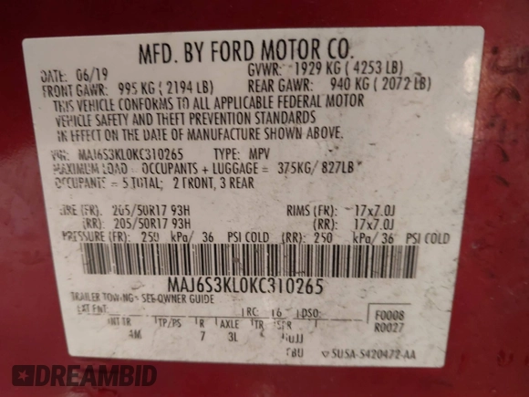 2019 Ford EcoSport Titanium with VIN MAJ6S3KL0KC310265, listed as a IAAI auction lot 41390172 with 93,731 mi miles and . Bid and sale history available at DreamBid. Image 9.