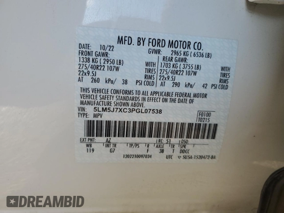 2023 Lincoln Aviator Reserve z VIN 5LM5J7XC3PGL07538, wystawiony jako Copart lot #51332175 z przebiegiem Nie podano mil oraz Szkoda całkowita • Salvage title. Historia ofert i sprzedaży dostępna na DreamBid. Obrazek 14.