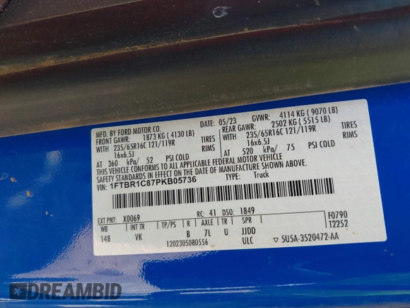 2023 Ford Transit Cargo with VIN 1FTBR1C87PKB05736, listed as a IAAI auction lot 42221931 with 40,248 mi miles and . Bid and sale history available at DreamBid. Image 9.