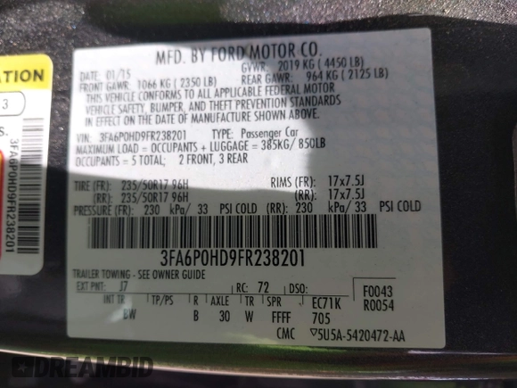 2015 Ford Fusion SE with VIN 3FA6P0HD9FR238201, listed as a IAAI auction lot 42583685 with 178,485 mi miles and . Bid and sale history available at DreamBid. Image 9.