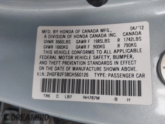 2012 Honda Civic LX with VIN 2HGFB2F58CH560126, listed as a IAAI auction lot 42097094 with 149,921 mi miles and . Bid and sale history available at DreamBid. Image 9.