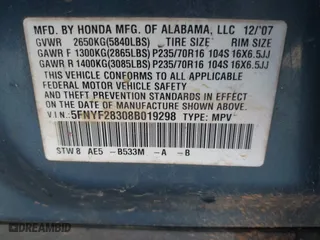 2008 Honda Pilot SE with VIN 5FNYF28308B019298, listed as a IAAI auction lot 41352461 with 283,806 mi miles. Bid and sale history available at carsss.com. Image 9.