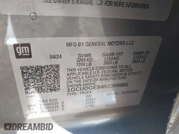 2024 Chevrolet Silverado 1500 LTZ with VIN 1GCUDGE84RZ309881, listed as a IAAI auction lot 41837654 with 8,873 mi miles and . Bid and sale history available at DreamBid. Image 9.