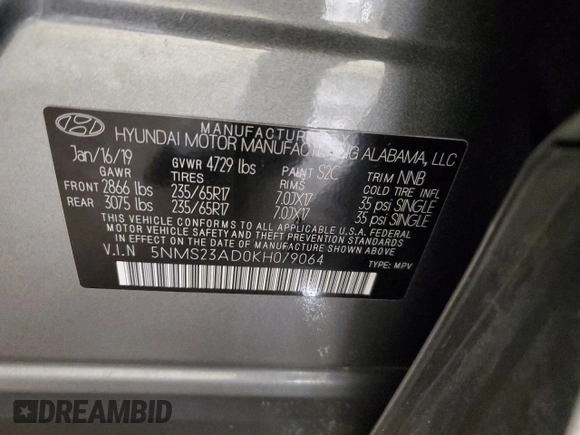 2019 Hyundai Santa Fe SE with VIN 5NMS23AD0KH079064, listed as a Copart auction lot 45982265 with 72,184 mi miles and Salvage Title. Bid and sale history available at DreamBid. Image 15.