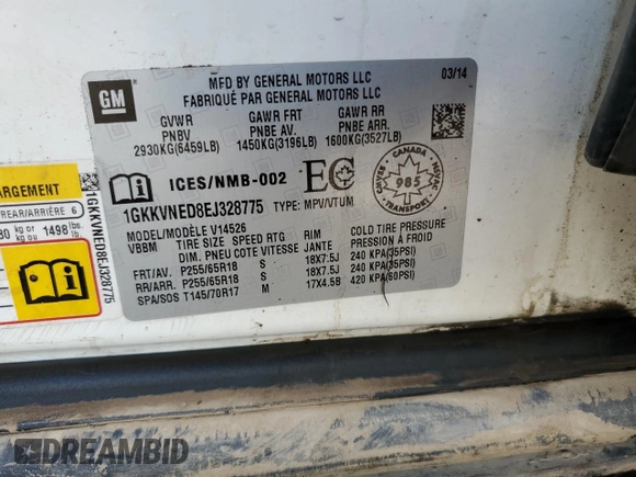 2014 GMC Acadia SLE z VIN 1GKKVNED8EJ328775, wystawiony jako Copart lot #68619334 z przebiegiem Nie podano mil oraz Nie do naprawy • Non repairable. Historia ofert i sprzedaży dostępna na DreamBid. Obrazek 12.