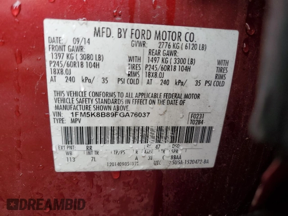2015 Ford Explorer с VIN 1FM5K8B89FGA76037, выставлен на аукционе Copart как лот 58844355 с пробегом 194 687 миль миль и Чистый • Clean title. История ставок и продаж доступна на DreamBid. Изображение 13.